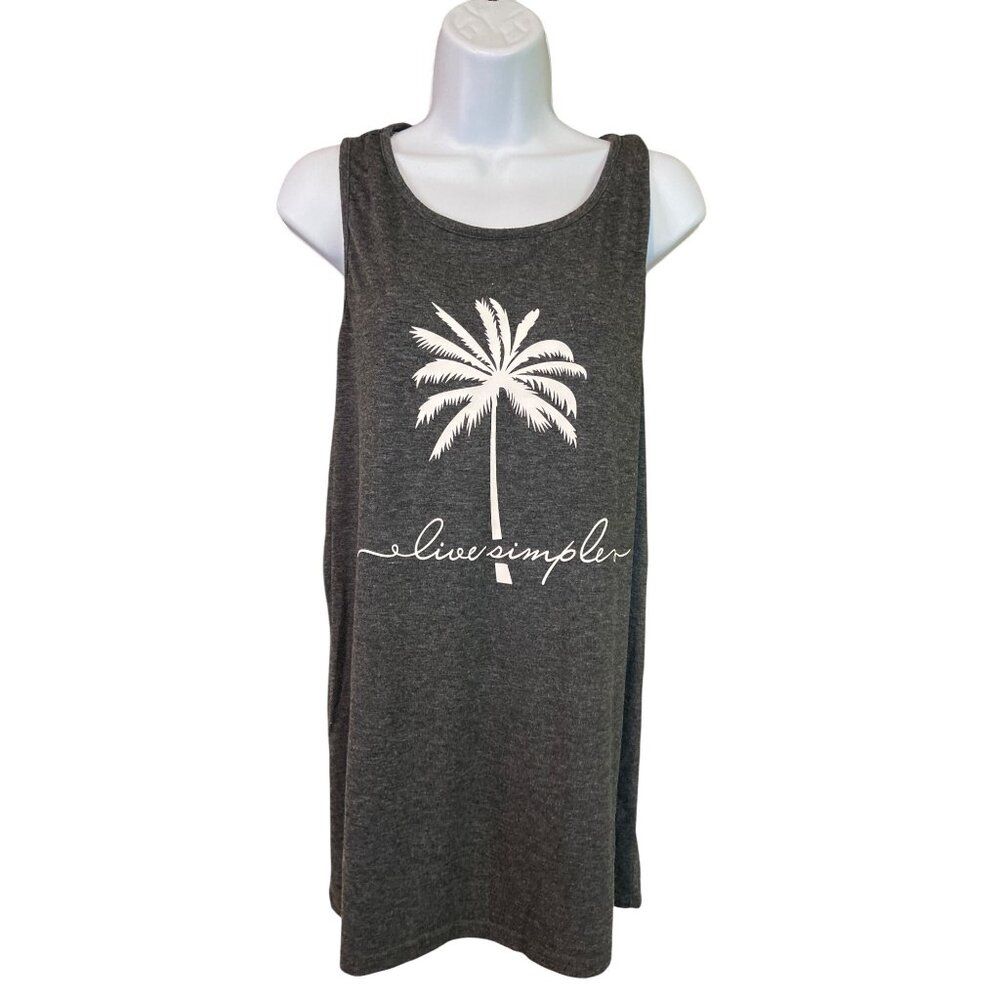 Womens Graphic Tank Top XL Gray Live Simple Palm Tree Sleeveless Summer Y2K Beac